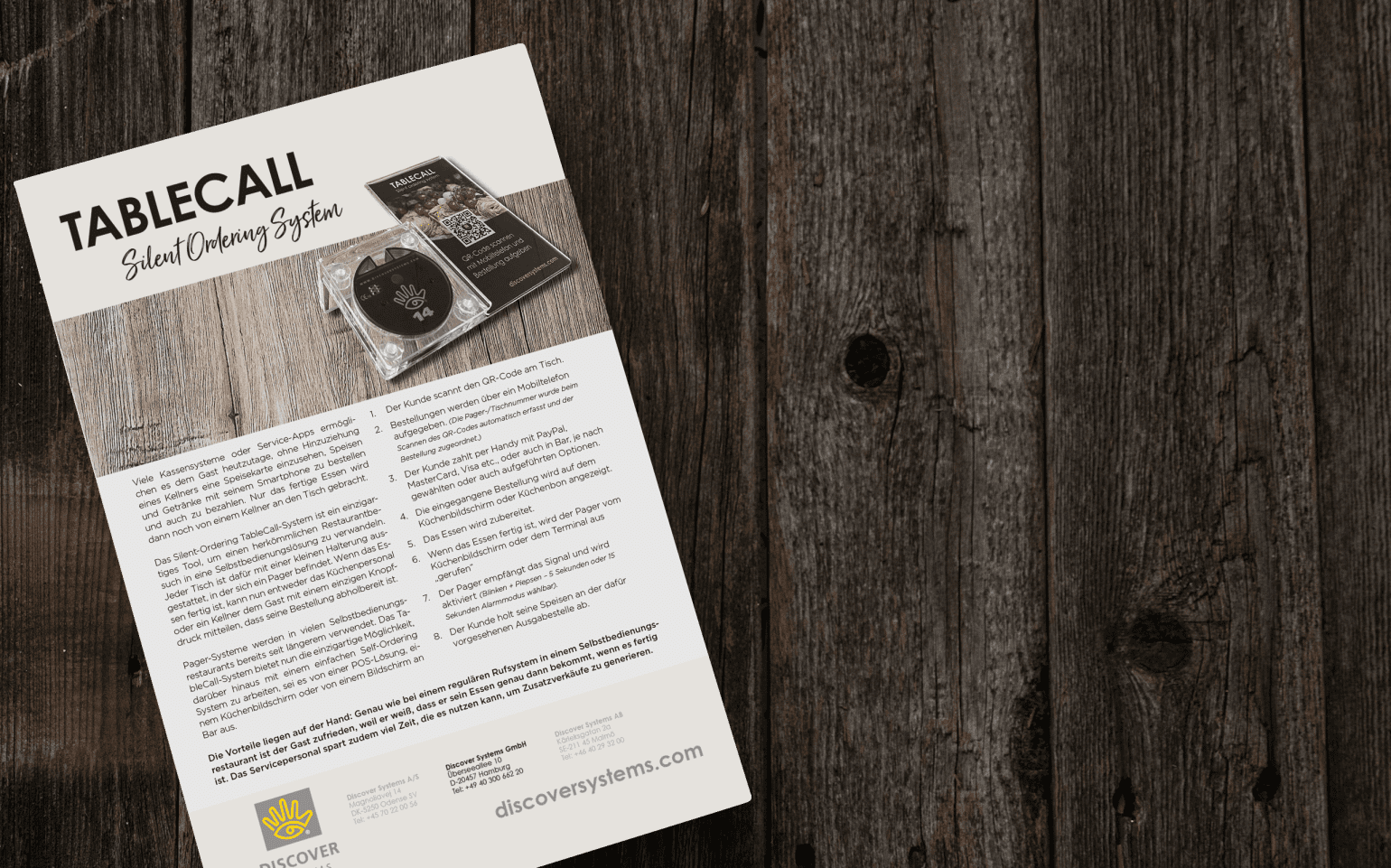 beskrivelse af tablecall kalde system på noget der ligner et brochure, ugeblad